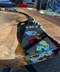 walnut epoxy lıve edge table, 36” round epoxy table