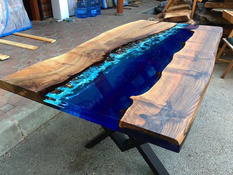 Modern Style Epoxy River Table Featuring Cherry Wood and Live Edge