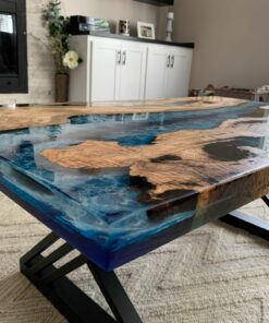 Custom Order 43x87 Blue Turquoise Epoxy Dining Table For Cyndi- Straight edges- S5 legs