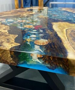 Custom Hackberry Wood River Blue Green Tropical Resin Aquarium Epoxy Table, 45x50 inches, for Zaida, %50 payment