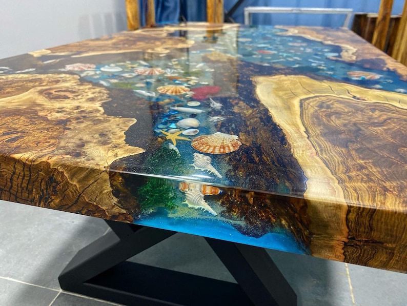 Custom Hackberry Wood River Blue Green Tropical Resin Aquarium Epoxy Table, 45x50 inches, for Zaida, %50 payment