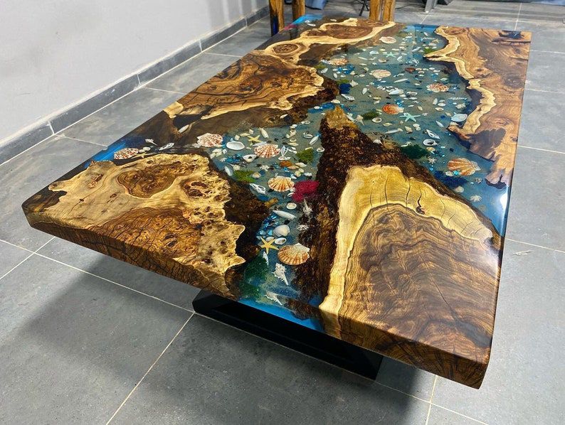 Custom Hackberry Wood River Blue Green Tropical Resin Aquarium Epoxy Table, 45x50 inches, for Zaida, %50 payment - Image 3