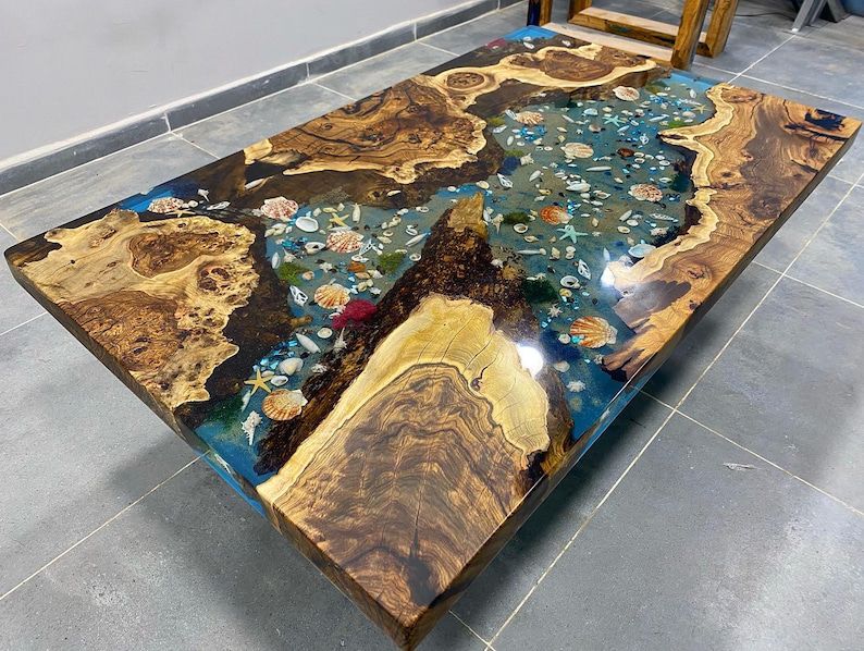 Custom Hackberry Wood River Blue Green Tropical Resin Aquarium Epoxy Table, 45x50 inches, for Zaida, %50 payment - Image 4