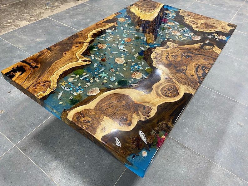 Custom Hackberry Wood River Blue Green Tropical Resin Aquarium Epoxy Table, 45x50 inches, for Zaida, %50 payment - Image 5