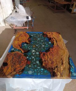 Custom Hackberry Wood River Blue Green Tropical Resin Aquarium Epoxy Table, 45×50 inches, for Zaida, %50 payment