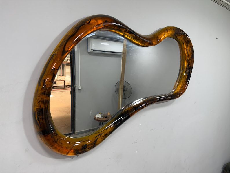Custom Epoxy Resin Framed Dark Amber Color Wall Mirror, Irregular Mirror, 80x45 Cm, For Laura