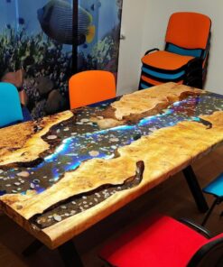 Walnut Wood Blue Aquarium Epoxy Resin Table, U epoxy legs, with leds, For Paul, 72x36-38 inches %50 payment